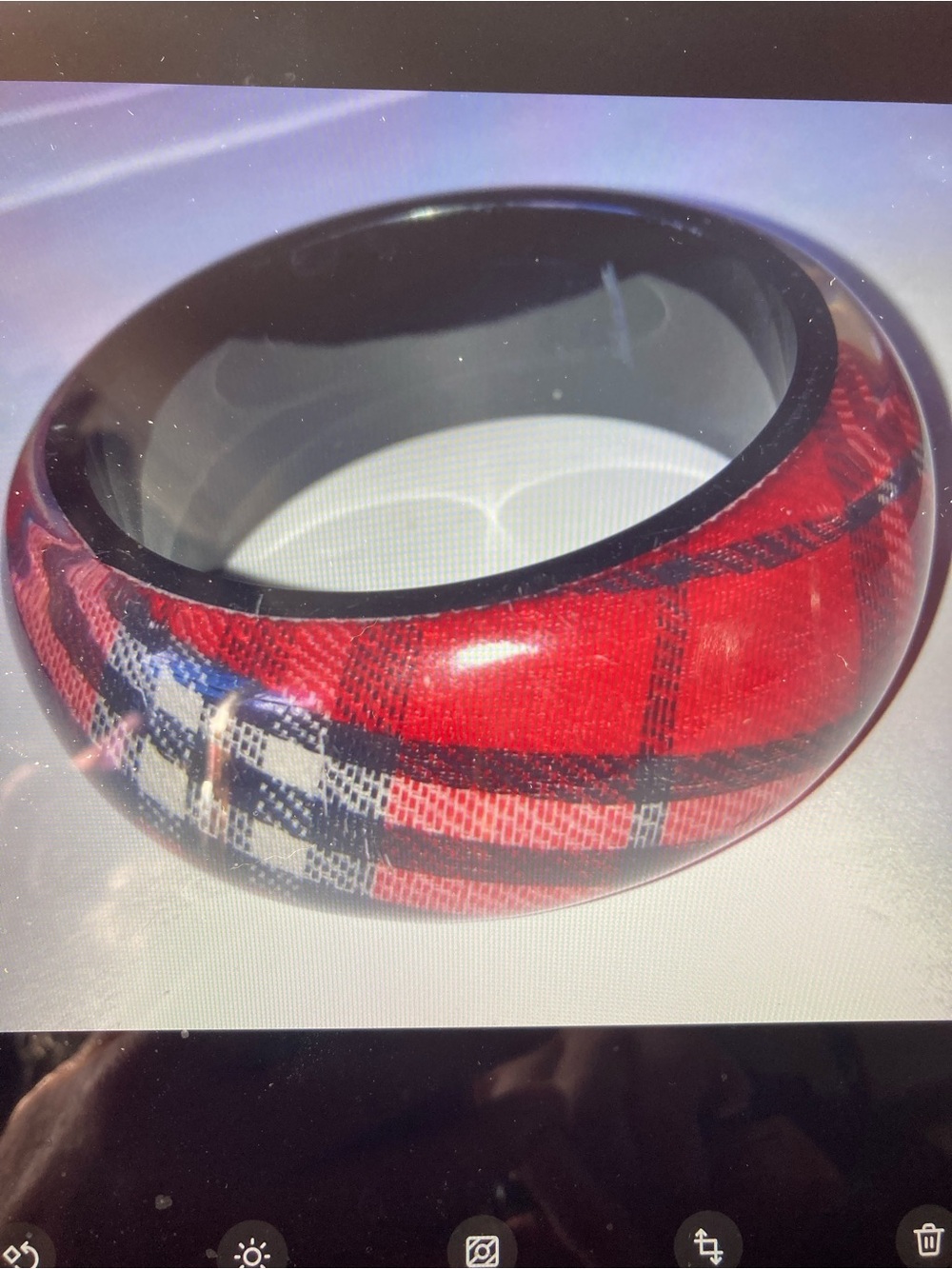 Bohemian Red Tartan Plaid Bangle Bracelet Chunky Domed Lucite Encased Fabric 60s